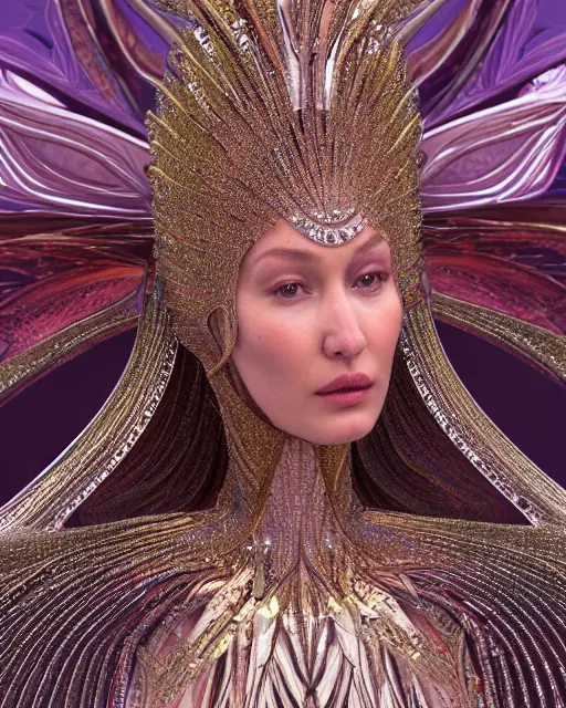 Prompt: a highly detailed metahuman 4 k close up render of an alien goddess bella hadid as god in iris van herpen dress schiaparelli in diamonds crystals swarovski and jewelry in style of alphonse mucha gustav klimt trending on artstation made in unreal engine 4