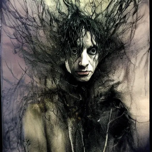 Image similar to stunning portrait of gaunt neil gaiman a ( the cure fan ) as dream from sandman, dim stars as eyes, by jeremy mann, by cedric peyravernay, by by russ mills, by richard avedon and ben templesmith, dramatic lightning, sadness, dark eye sockets, in the shadows, punk rock, gothic, high detailed, 8 k