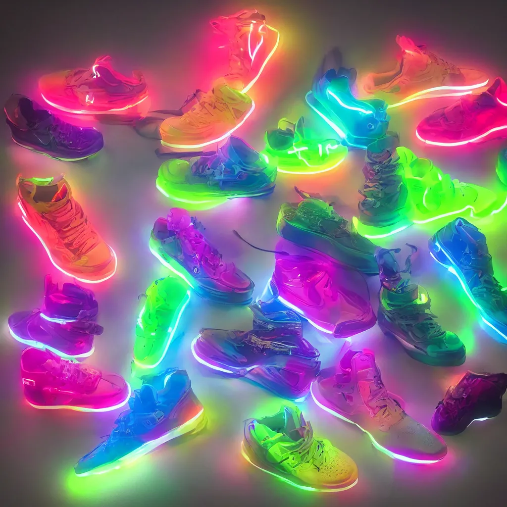 Image similar to new shoes inspired by final fantasy bright neon product photo 8k studio