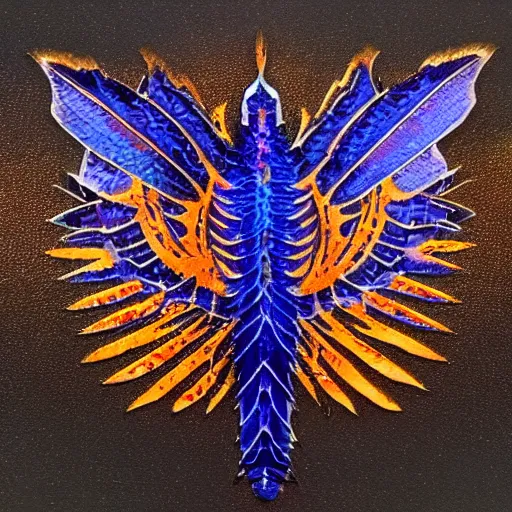 Prompt: indigo dragon with raven wings and holographic scales shimmering gold with deep orange background ultrarealistic 1 5 0 mpx