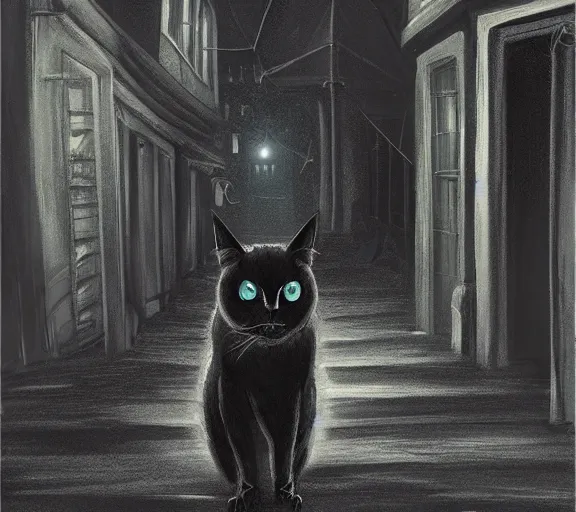 Prompt: goth metal black cat standing on dark alley at night, facing to the camera, trending on artstation