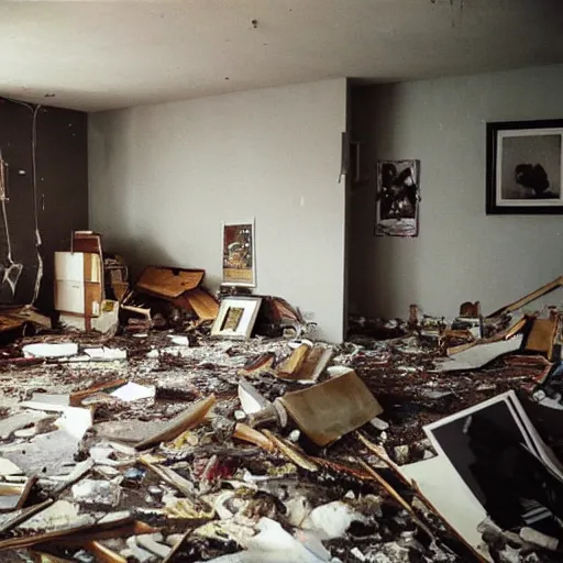 Prompt: The conceptual art shows a scene of total destruction. A room has been completely wrecked, with furniture overturned, belongings strewn about, and debris everywhere. The only thing left intact is a single photograph on the wall. This photograph is the only evidence of what the room once looked like. It shows a tidy, well-appointed space, with everything in its place. The contrast between the two images is stark, and it is clear that the destruction was complete and absolute. camouflage by Martin Deschambault imposing