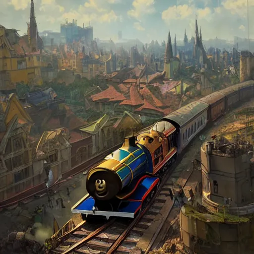 Prompt: thomas the tank engine destroying a city, 8 k, highly detailed, digital painting, unreal engine tech demo, vivid colors, artstation, art by artgerm and greg rutkowski and alphonse mucha