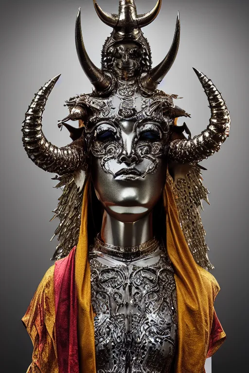 Image similar to chrome carved statue of horned persian sacred demon goddess, metallic polished intricated sculpture, dressed with a colorful torn cotton cloak, made by antonio corradini, and dug stanat macabre art, dark surrealism, epic and cinematic view, volummetric light, texturized, detailed, 8 k