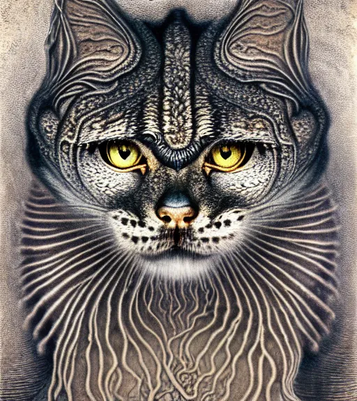 Image similar to detailed realistic beautiful manul portrait by jean delville, gustave dore, iris van herpen and marco mazzoni, art forms of nature by ernst haeckel, art nouveau, symbolist, visionary, gothic, neo - gothic, pre - raphaelite, fractal lace, intricate alien botanicals, ai biodiversity, surreality, hyperdetailed ultrasharp octane render