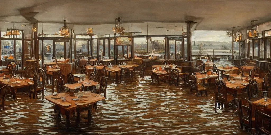 Prompt: huge dining saloon flooding, water sloshing around, bird's eye view, cinematic wide shot, high detail, realist painting