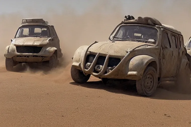 Image similar to epic sandstorm battle, Renault 4 Master cars in the Movie Mad Max: Fury Road (2015