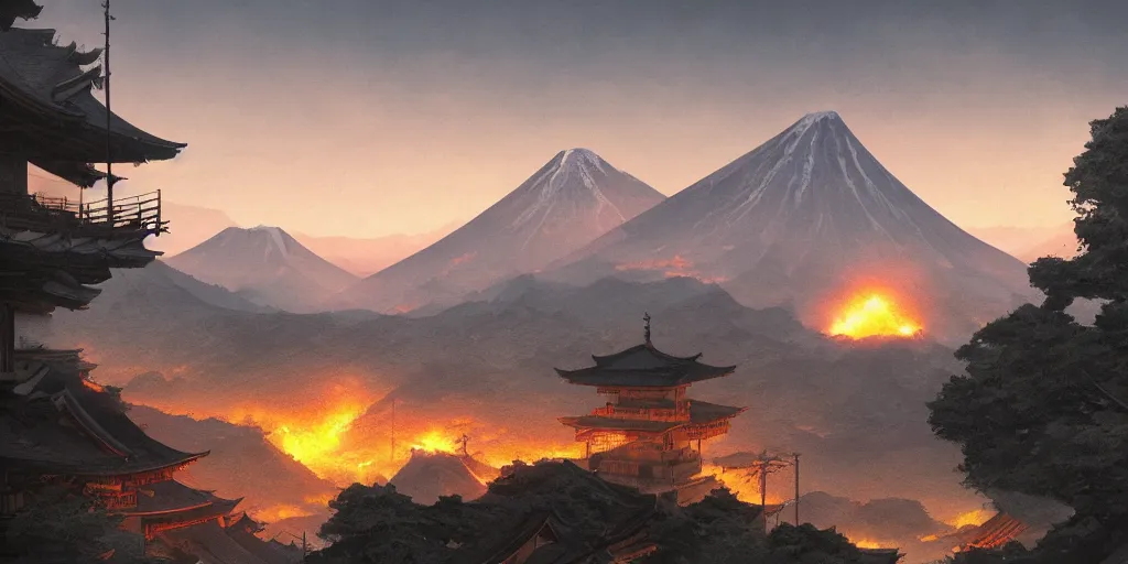 Prompt: a powerful japanese village high in mountains, calm morning, fanart artstation global illumination rtx hdr fanart arstation 3 d, active volcano, concept art by greg rutkowski and laurie greasley, fantastic landscape, 8 k, cinematic color grading