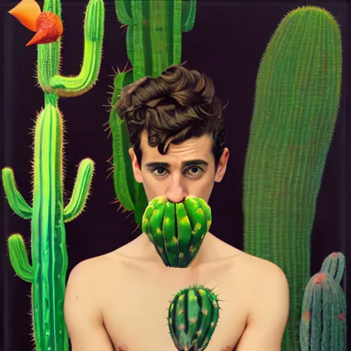 Image similar to Collage art, Young Spanish man, Art by Joshua Middleton, socks, Rene Magritte, underpants, Morrocan tiles, half a lime, cactus, succulent plants Chalk white skin, deep purple hair, Green eyes, Orange background, Mucha, Portrait of the man, surreal, ,carbon black and antique gold