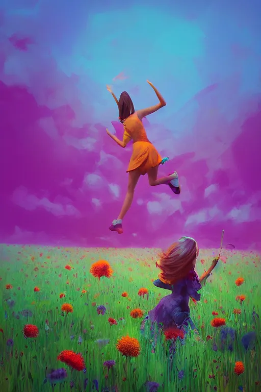 Image similar to closeup, giant flower head, girl in suit jumping in field of flowers, surreal photography, sunrise, blue sky, dramatic light, impressionist painting, digital painting, artstation, simon stalenhag