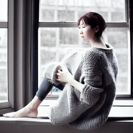 Image similar to a woman sitting on a window sill looking forward out the window, grey sweater, a stock photo by chen jiru, tumblr, aestheticism, movie still, pretty, pixiv