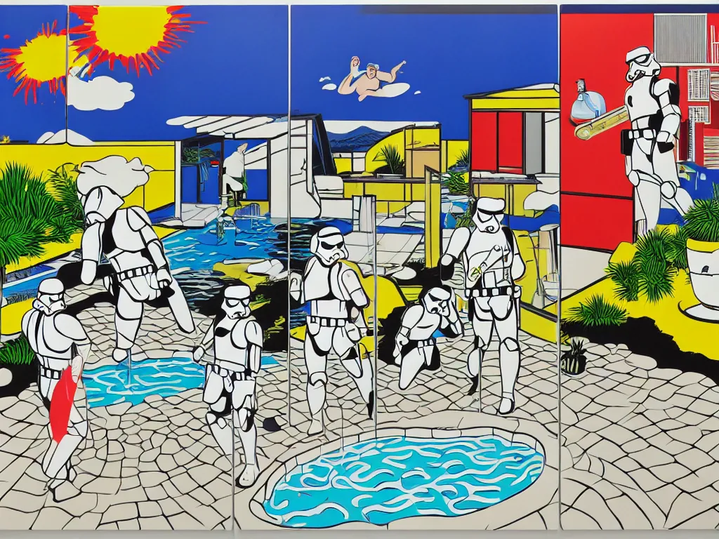 Image similar to hyperrealism composition of the japanese house with a hot springs in the garden, two detailed stormtroopers bathe in a hot spring, pop - art style, jacky tsai style, andy warhol style, roy lichtenstein style, acrylic on canvas