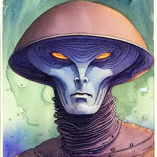 Image similar to a simple and atmospheric watercolour portrait of a pulp sci - fi alien, very muted colors, by rebecca guay, michael kaluta, charles vess and jean moebius giraud