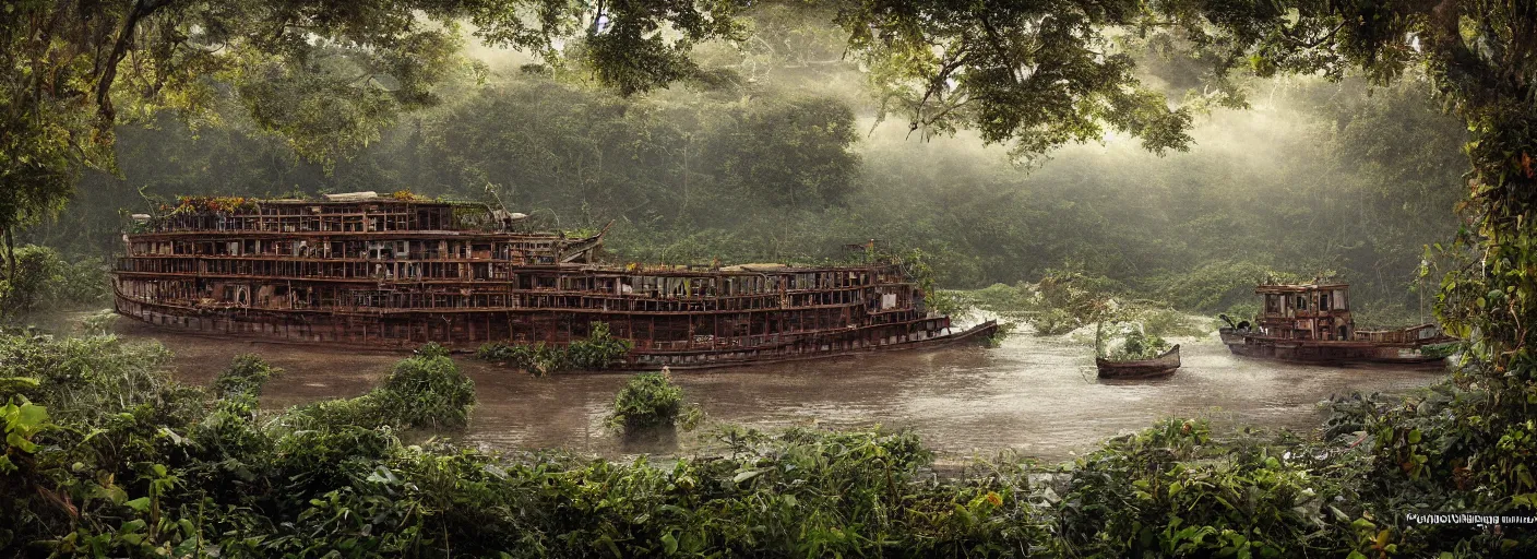 Prompt: A wooden, rugged 1880's steamboat overgrown with vines, flowers, snakes, and exotic vegetation floating on the Amazon river. Faint lights from within. Beautiful close up photo by National Geographic. Photo by Roger Deakins. Photorealistic. Dusk colors. Volumetric lights. Mist. hyper-maximalistic, with high detail, cinematic, 8k resolution, beautiful detail, insanely complex details.