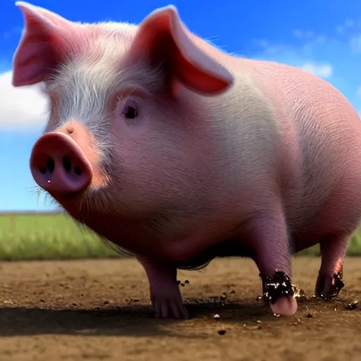 Image similar to a happy pig jumping around in a muddy enclosure. concept art. cute. blue sky. 4 k