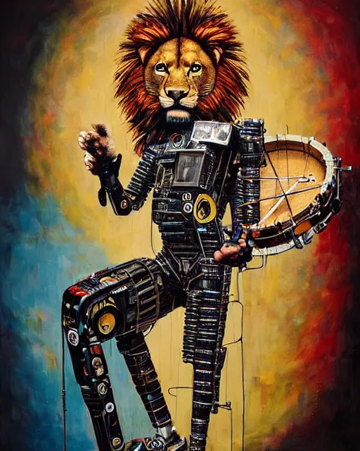 Image similar to a portrait of an anthropomorphic cyberpunk lion playing the snare drum with drumsticks by sandra chevrier, by jon foster, detailed render, tape deck, epic composition, cybernetics, 4 k realistic, cryengine, realistic shaded lighting, sharp focus, masterpiece, by enki bilal