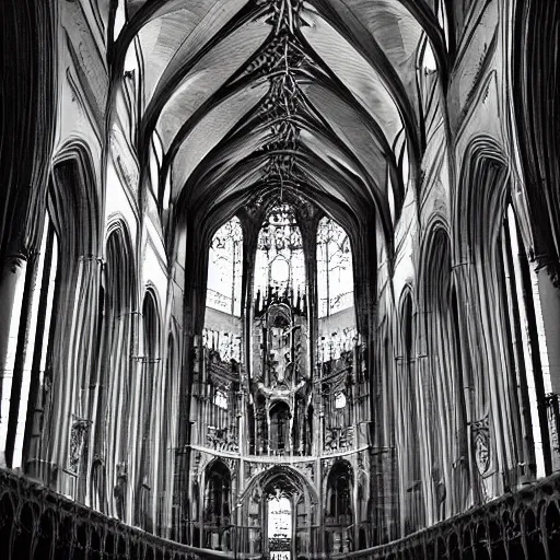 Prompt: a art nouveau cathedral, hd, black and white photograph,