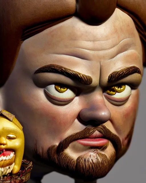 Prompt: highly detailed closeup, face profile portrait of a tin toy leonardo dicaprio as a medieval goblin eating cakes in a castle, hyper realistic, artstation, illustration, nicoletta ceccoli, mark ryden, lostfish, dan decarlo, bob clampett, max fleischer, digital paint, matte paint, vivid colors, detailed and intricate environment