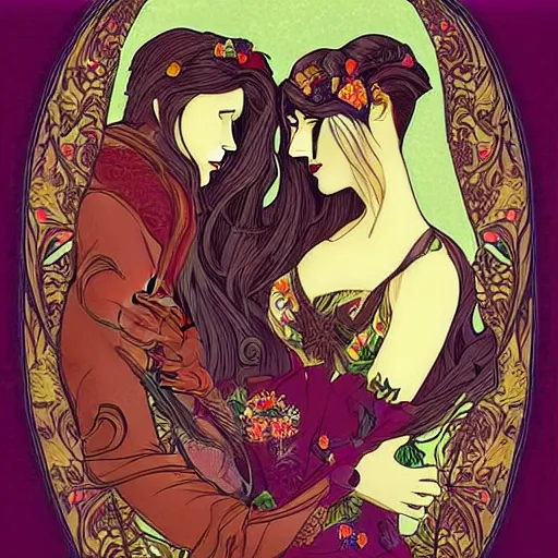 Image similar to a couple in love. she has dark wavy hair. he is bald. in the style of art nouveau. alphonse mocha. colorful floral. hyper detailed. intricate. beautiful.