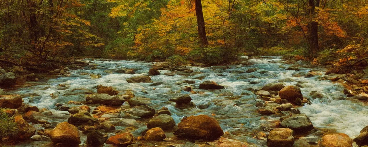 Prompt: a river running through a forest filled with lots of rocks, a jigsaw puzzle by aaron bohrod, instagram contest winner, hudson river school, photo taken with ektachrome, uhd image, creative commons attribution