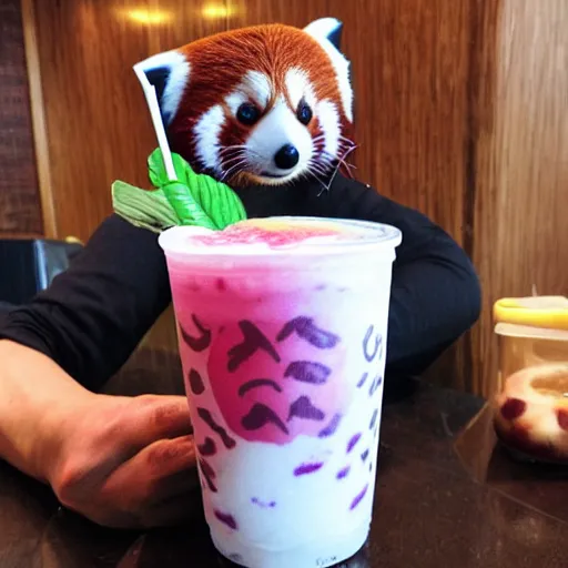 Prompt: red panda drinks bubble tea