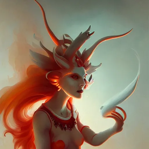 Prompt: prompt A beautiful white red orange kumiho, concept art, matte painting, by Peter Mohrbacher