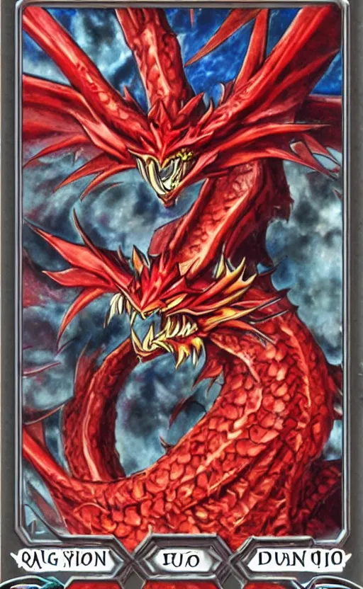 Prompt: yugioh card trading fantasy yugioh card of a red dragon