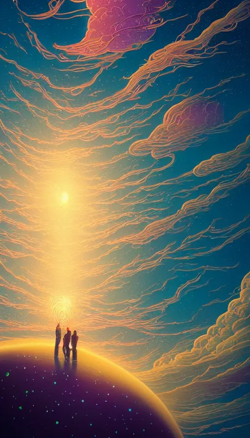 Image similar to little luminous jellyfishes floating on cosmic cloudscape at sunset, futurism, dan mumford, victo ngai, kilian eng, da vinci, josan gonzalez