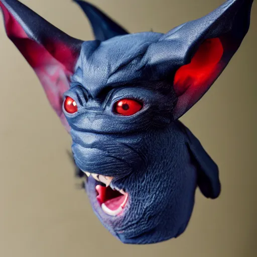 Image similar to detailed full body of scary giant mutant dark blue pygmy-bat, glowing red eyes, sharp teeth, acid leaking from mouth, realistic, giant, bat ears, bat nose, furred, covered in soft fur, detailed, 85mm f/1.4