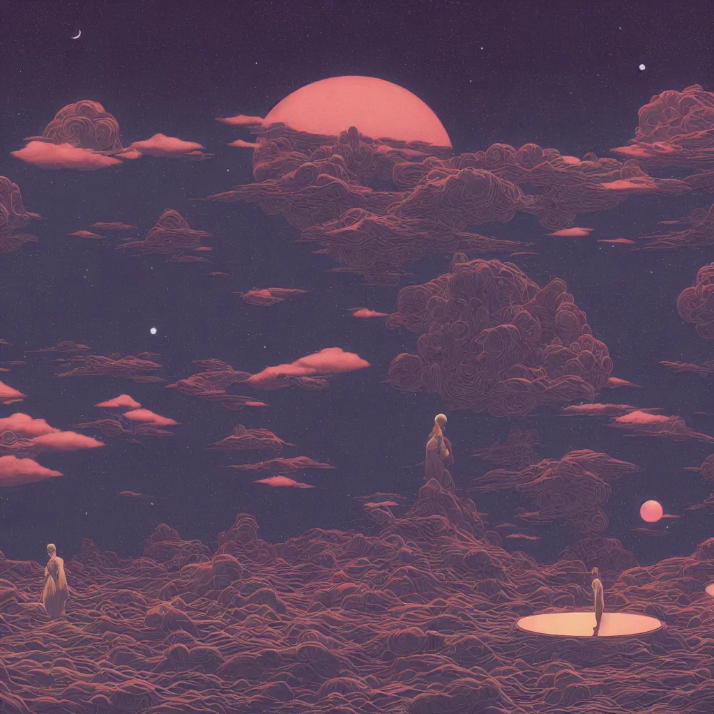 Image similar to a scifi multiverse scene in space of a spiritual being dreaming psychedelic hallucinations in cosmos, by kawase hasui, moebius, Edward Hopper and James Gilleard, Zdzislaw Beksinski, Steven Outram, black clouds, unreal engine, highly rendered, hd, 8k, artstation