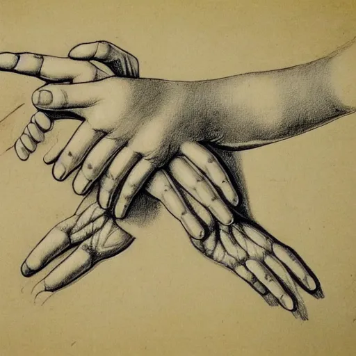 Image similar to anatomical drawing of hands, in the style of leonardo da vinci,