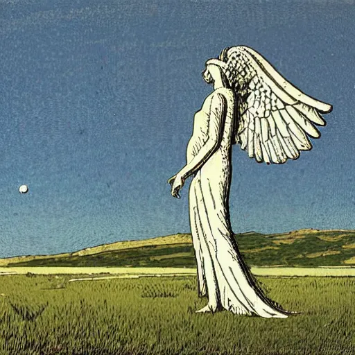 Prompt: A white marble winged sphinx on a grass field by Moebius - W 768