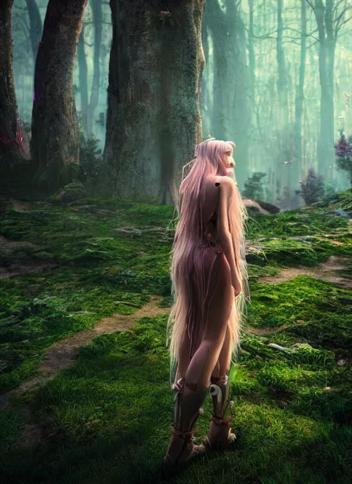 Prompt: magical forest cyberpunk, music, girl with blond long hair back view, elves, lord of the rings style, ultra detailed, trending on artstation, concept art, octane render, unreal engine,