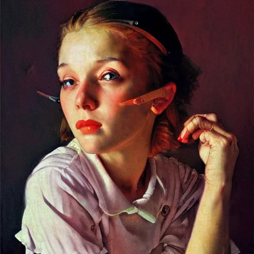 Prompt: A sad girl portrait, centered, artwork by Norman Rockwell, cinematic view, high quality