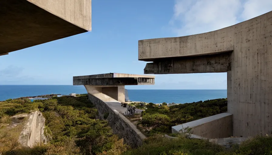 Image similar to big brutalist base perched on a cliff overlooking a magnificient bay, drawing architecture, pritzker architecture prize, greig fraser