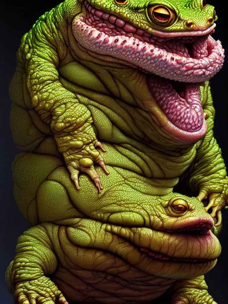 Prompt: hyperrealistic rendering, fat smooth cronenberg flesh monster toad kaiju by donato giancola and greg rutkowski and wayne barlow and zdzisław beksinski, eyeballs, product photography, action figure, sofubi, studio lighting, colored gels, colored background