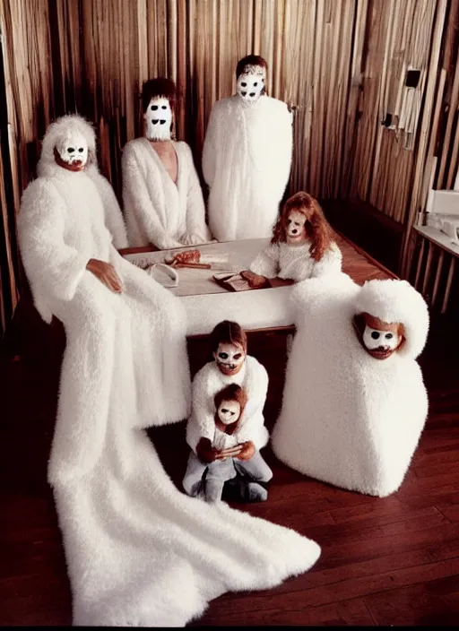 Image similar to realistic photo portrait of the family, white carnival fluffy mask, wearing fluffy cotton cloaks, sitting in the spacious wooden polished and fancy expensive wooden laboratory interior room 1 9 9 0, life magazine reportage photo