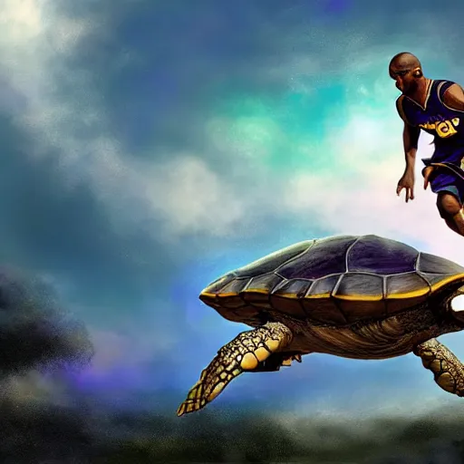 Image similar to kobe bryant riding on a turtle in heaven, amazing digital art, amazing detail, realistic face, fantasy art, artstatiom, cgsociety, epic art