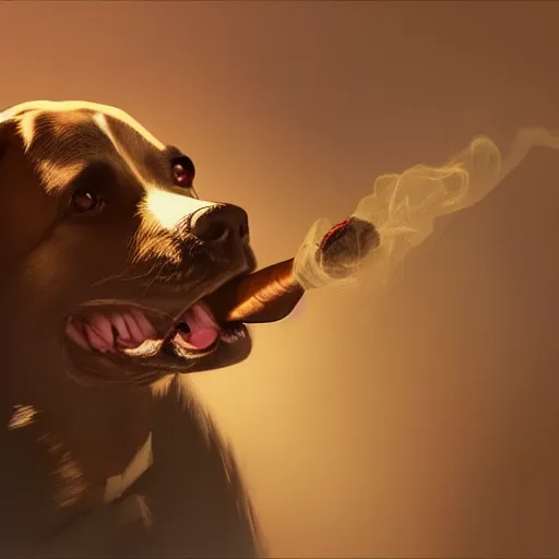 Image similar to a dog wearing smoking a cigar, dramatic lighting, cinematic, establishing shot, extremly high detail, photorealistic, cinematic lighting, concept art, artstation, style by greg rutkowsky