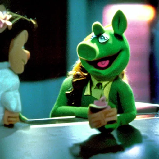 Image similar to movie still of miss piggy starring as trinity in the matrix 1 9 9 9 movie