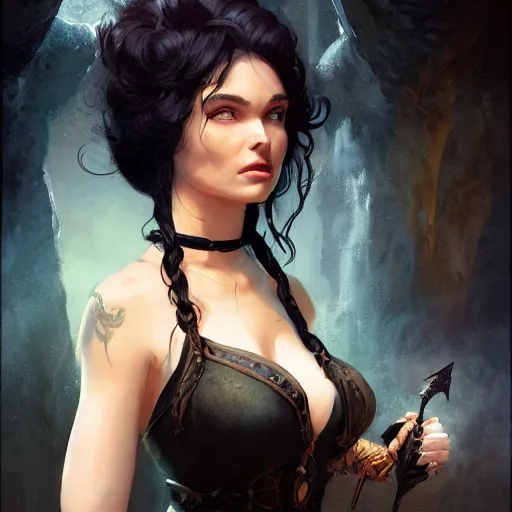 Prompt: a bewitching sorceress, auburn strappy dress, black hair, curvy crossfit build, close - up portrait, fantasy character portrait by greg rutkowski, gaston bussiere, larry elmore