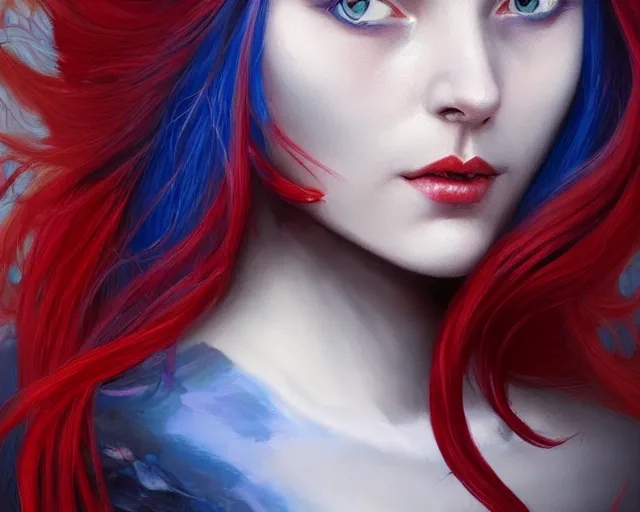 Image similar to A detailed matte oil on canvas head on symmetrical portrait of a distinguished elven woman with red and blue hair on an empty background, by Charlie bowater, Lise Deharme, Wlop, trending on artstationhd, dungeons and dragons art, parted hair , half blue, half red , split dye, critical role