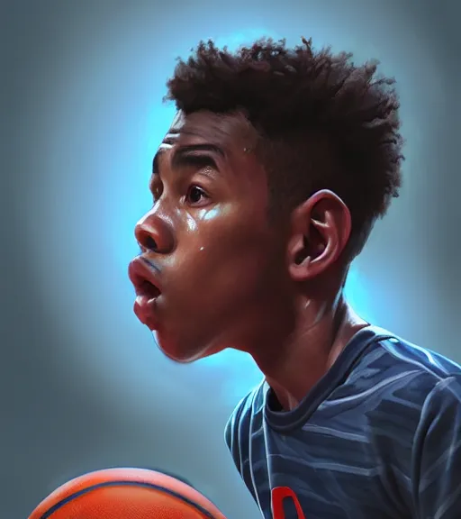 Prompt: portrait of a boy playing basketball in a basketball court, intense emotion, intricate, elegant, highly detailed, centered, digital painting, artstation, concept art, smooth, sharp focus, illustration, WLOP