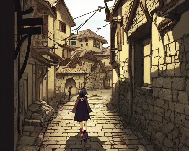 Prompt: anime still frame of a young female walking through a medieval village, dynamic pose, dynamic perspective, detailed silhouette, detailed, intricate, cel shaded, minimalist. simple, manga, ilya kuvshinov