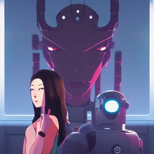 Image similar to a menacing android monster looming over a cowering female, clean cel shaded vector art. shutterstock. behance hd by lois van baarle, artgerm, helen huang, by makoto shinkai and ilya kuvshinov, rossdraws, illustration,