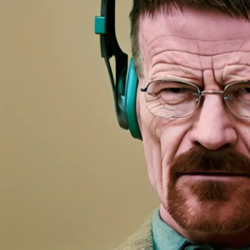 Prompt: close up, cropped award winning photo of walter white wearing pink headphones and shouting, incredibly detailed, sharp focus, hyper realistic