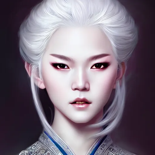Prompt: Wuxia Blood Cultivator, white hair, gorgeous, amazing, elegant, intricate, highly detailed, digital painting, artstation, concept art, sharp focus, illustration, art by Ross tran and kuvshinov, photography portrait by Paolo Roversi