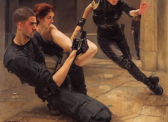 Prompt: Maria evades sgt Nash. Cyberpunk hacker in jumpsuit escaping menacing police troopers (blade runner 2049). beautiful face. armbar. Iranian orientalist portrait by john william waterhouse and Edwin Longsden Long and Theodore Ralli and Nasreddine Dinet, oil on canvas. Cinematic, hyper realism, realistic proportions, dramatic lighting, high detail 4k