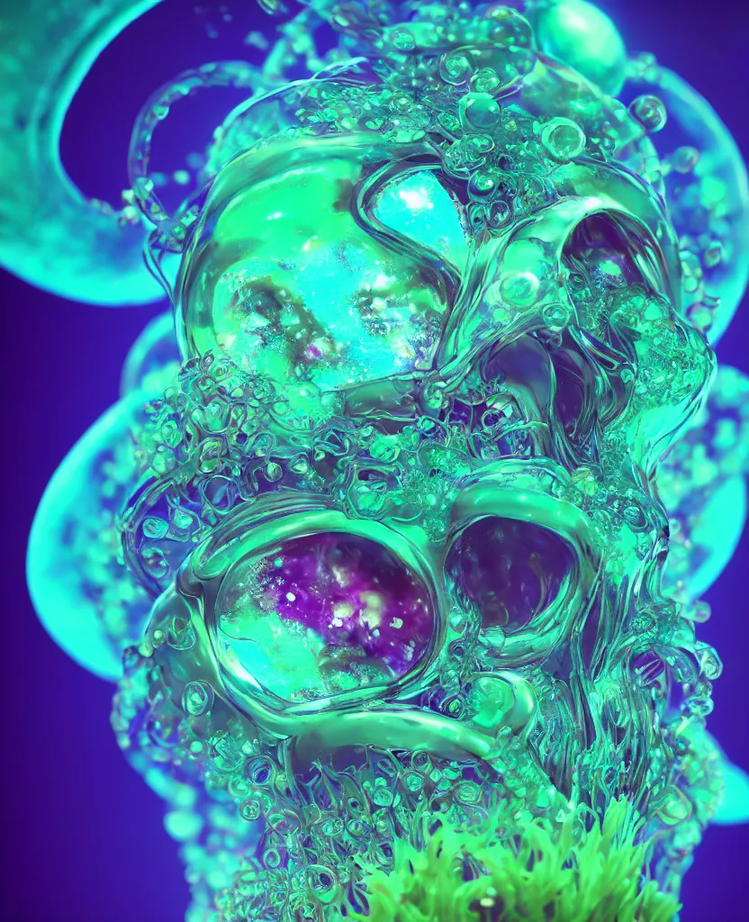 Image similar to close-up portrait of skull dichroic orchid jellyfish skull, betta fish, bioluminiscent creatures, intricate artwork by Tooth Wu and wlop and beeple. octane render, trending on artstation, greg rutkowski very coherent symmetrical artwork. cinematic, hyper realism, high detail, octane render, 8k