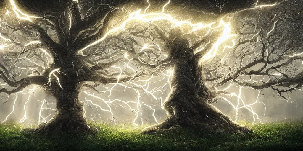 Image similar to a tree with lightning for leaves, overexposure, electricity, night, unreal engine, digital art, 8 k, oil painting, fantasy art, illustration, detailed and intricate environment